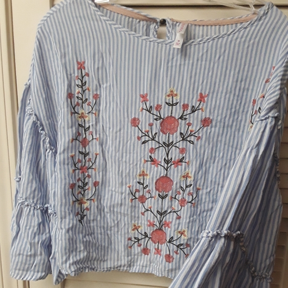Blue Striped Embroidered Boho Flowy Top M - Picture 5 of 8